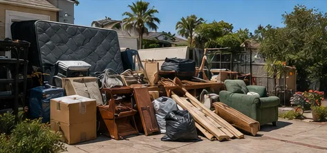 A yard full of furniture and debris ready for junk removal pickup