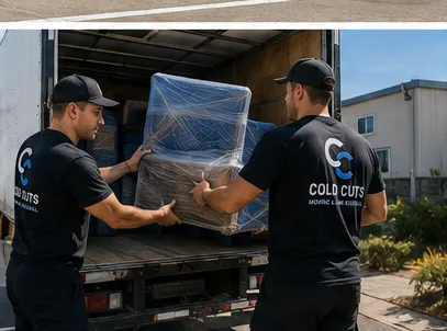 Cold Cuts crew members loading wrapped furniture into the moving truck